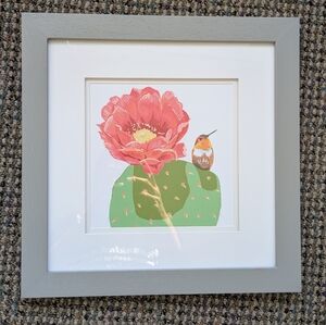 Framed Cactus Bloom Print with Hummingbird Art - Coral & Green